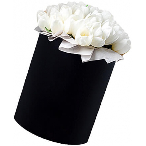 35 тюльпанов в шляпной коробке "Черное и белое"